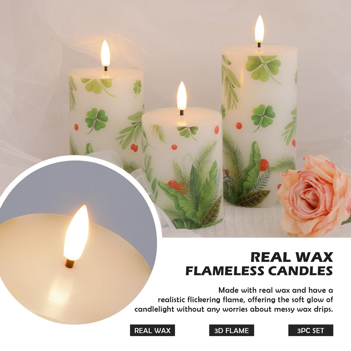 JOIONE Flameless Pillar Candles with Remote, 3 Pack Battery Operated Real Wax Green LED Candles, Perfect for Spring Summer Home Decorations Fireplace Table, Shamrock