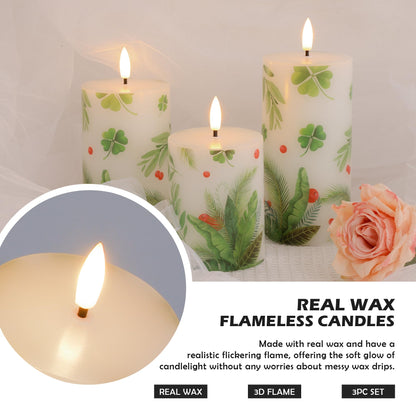 JOIONE Flameless Pillar Candles with Remote, 3 Pack Battery Operated Real Wax Green LED Candles, Perfect for Spring Summer Home Decorations Fireplace Table, Shamrock