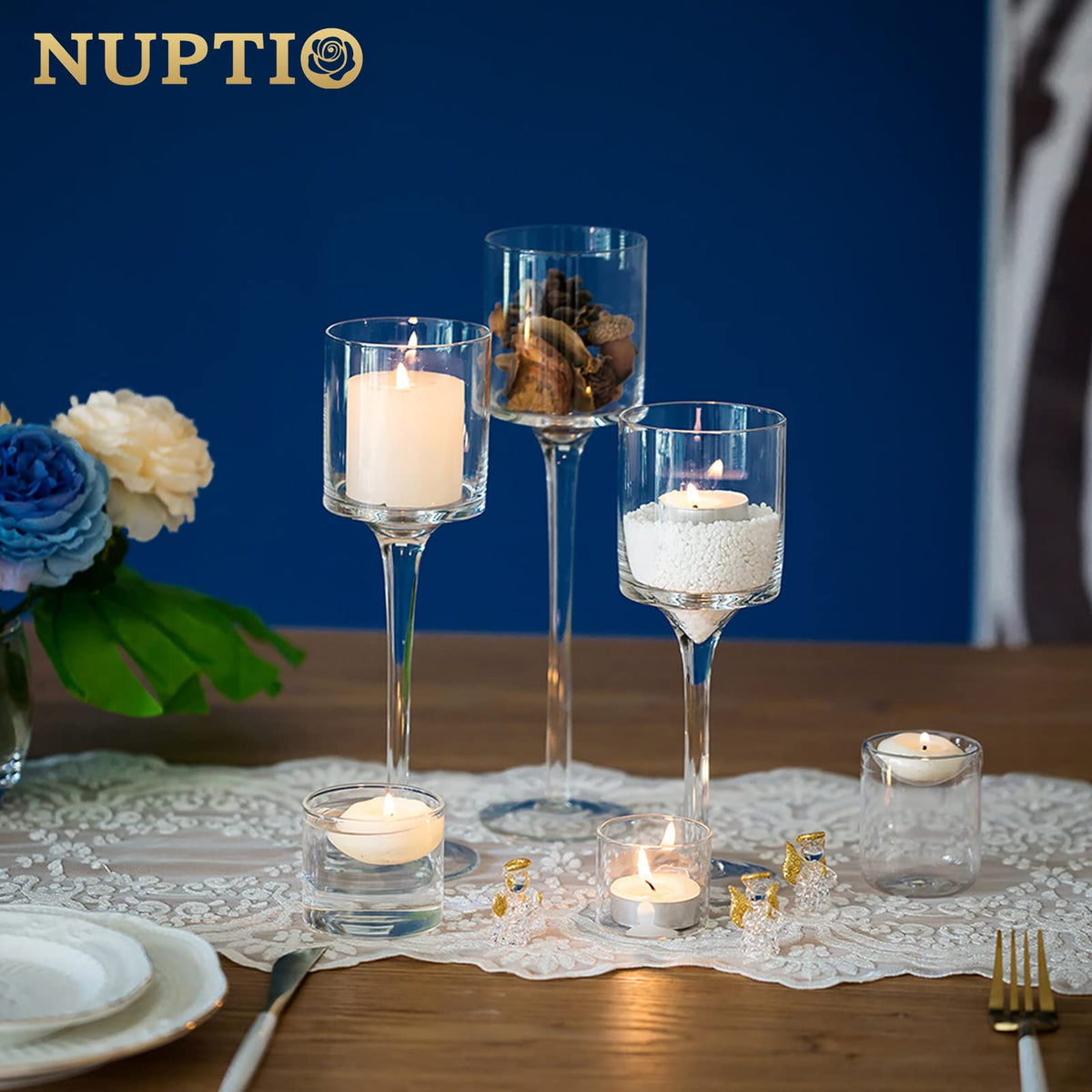 NUPTIO Tealight Candle Holders Glass: Set of 3 Long Stemmed Candle Stands for Dinner Table Centerpiece - Monet Candleholders Pillar Floating Candles