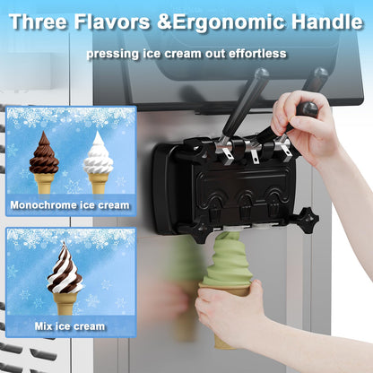 PioneerWorks Commercial Ice Cream Machine, 20-28L/H Yield, 2200W 7L X 2 Capacity, LCD Display, Auto Clean Adjustable Hardness 3 Flavor for Restaurant Snack Bars