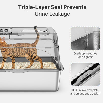 Aphyxen Stainless Steel Litter Box with Lid, XL Extra Large Enclosed Cat Litter Box for Big Cats 110° Flip Cover, Top Entry Metal High Sided Cat Box & Pedal & Scoop, Anti-Leakage (Grey)