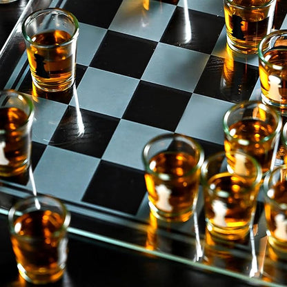 Shot Glass Chess Set – 13.78 Chess Board with 32 Mini 1.89 Shot Glass Pieces Fun Drinking Chess Game for Adults Party Game &amp Novelty Gift