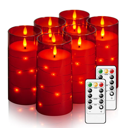 Flickering Flameless Candles with Remote Timer, 6pcs LED Battery Operated Candles with Embedded String Lights Red, Same Size D3 H6