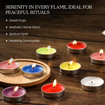 DVelas™ Wax Tealight Candles - Pack of 200 | 100 White + 100 Multicolour | Unscented, Smokeless & Dripless | Long Burning Tealights for Diwali, Pooja, Home Décor & Party Use