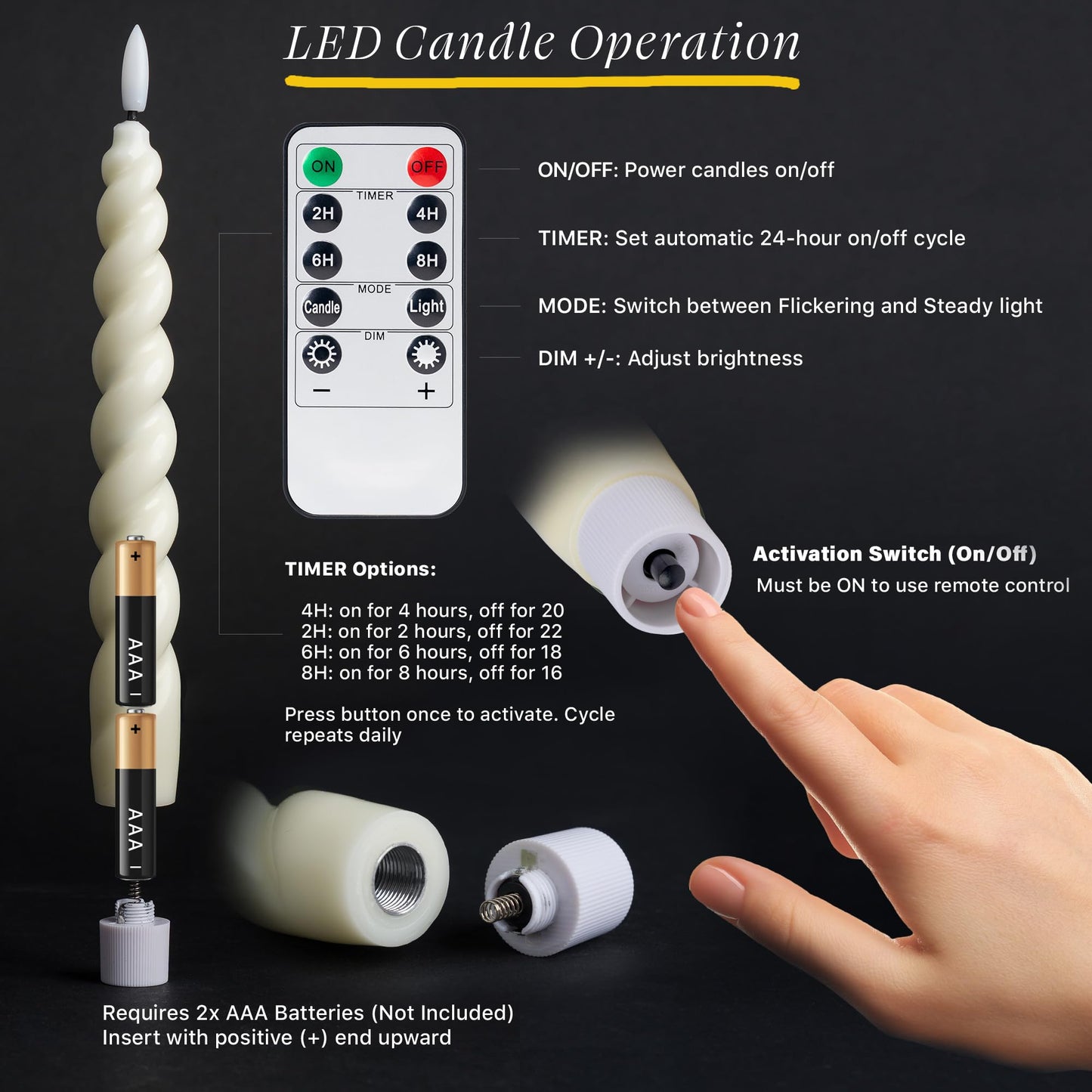 WYZworks 10" Flameless LED Taper Candles – Full Twisted Spiral – Ivory, Set of 6 – Remote, 2/4/6/8-Hr Timer (24-hr Memory), Bottom On/Off Button, Dimmable, Battery Operated, Flicker/Steady