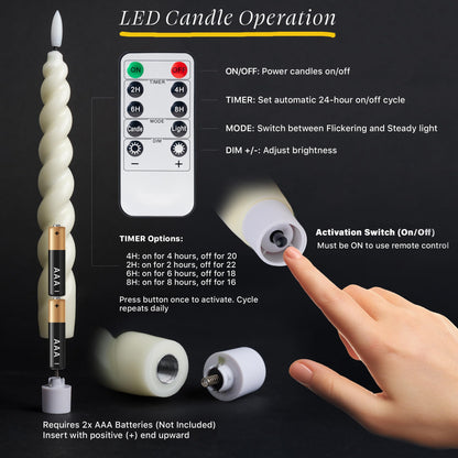 WYZworks 10" Flameless LED Taper Candles – Full Twisted Spiral – Ivory, Set of 6 – Remote, 2/4/6/8-Hr Timer (24-hr Memory), Bottom On/Off Button, Dimmable, Battery Operated, Flicker/Steady