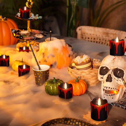 KunSwenn Halloween Black Votive Candles Battery Operated with Long Lasting CR2450 Batteries, LED Flameless Flickering Candles with 6H Timer, 6Pcs Black and Red Drip Wax Candle Gothic Home Decor