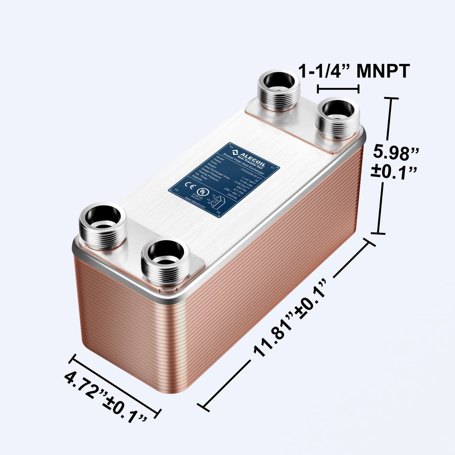 ALECOIL 5"x12" 50 Plates Heat Exchanger with 1-1/4" MPT Port Water to Water 316L Stainless Steel Brazed Plate Heat Exchanger for Water Heating, Floor Heating, Commercial and Industrial Refrigeration