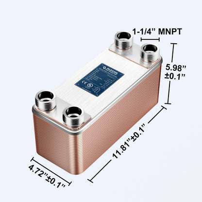 ALECOIL 5"x12" 50 Plates Heat Exchanger with 1-1/4" MPT Port Water to Water 316L Stainless Steel Brazed Plate Heat Exchanger for Water Heating, Floor Heating, Commercial and Industrial Refrigeration