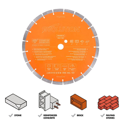 Evolution - 12 in Concrete Saw - 15A Motor, No Gas - 4-1/2 in Cut - Incl Premium Diamond Blade & 12 Inch Premium Diamond Blade With Segmented Edge and High Diamond Concentration, 1 In Bore