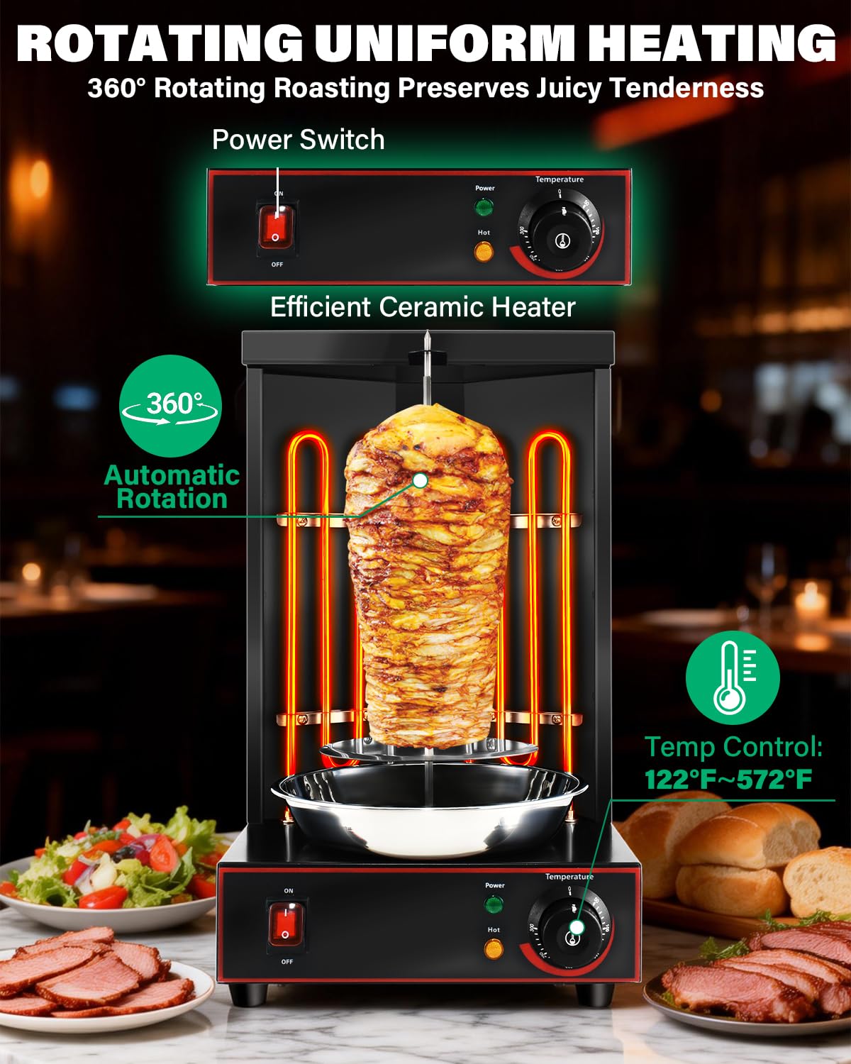 BNDHKR Electric Shawarma Grill Machine Countertop Rotisserie Turkey Maker Vertical Barbecue Oven with Temperature Control for Commercial/Household 122℉-572℉ 110V Black