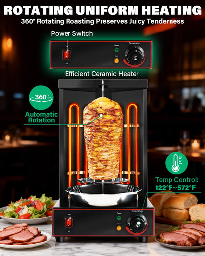 BNDHKR Electric Shawarma Grill Machine Countertop Rotisserie Turkey Maker Vertical Barbecue Oven with Temperature Control for Commercial/Household 122℉-572℉ 110V Black