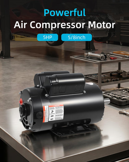 5HP SPL Air Compressor Electric Motor, 230V 17.6Amps, 56 Frame 3450RPM, 5/8“ Keyed Shaft, 1.88” Shaft Length, Single Phase, CW/CCW Rotation, Powerful Motor for General Equipment