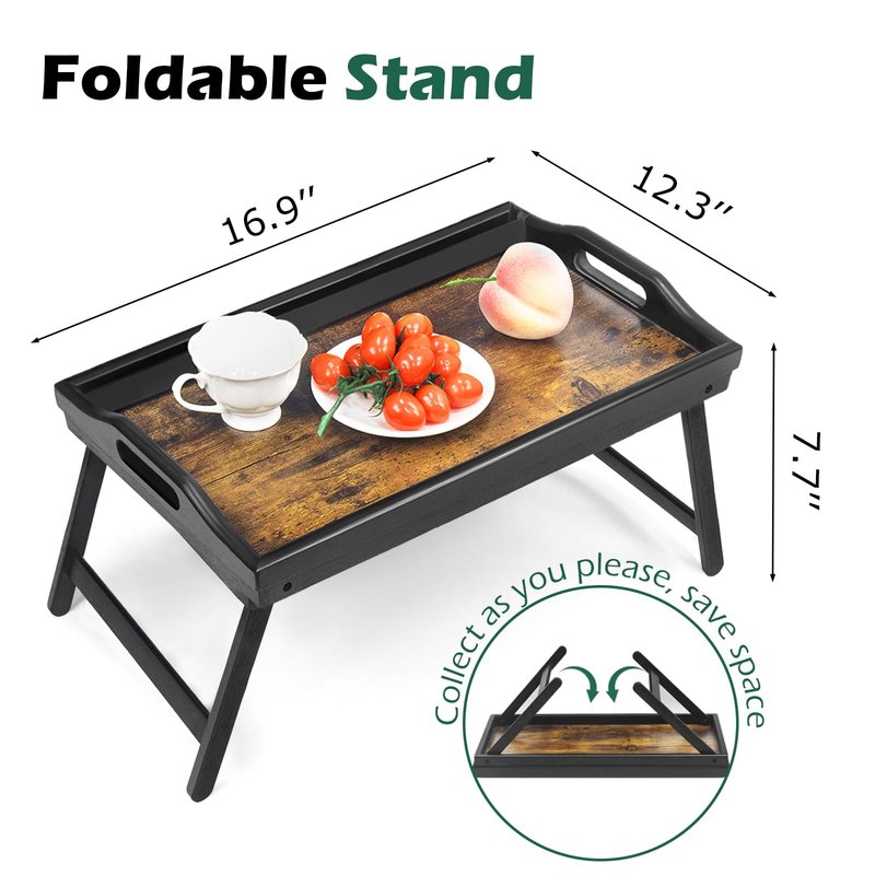 2 Pack Bamboo Bed Tray Table, Folding Legs and Handles, Breakfast Tray, Serving Tray with Groove for Phone Tablet, Laptop Desk for Bed or Sofa, Serving Tray for Eating, Working, Reading, Picnic