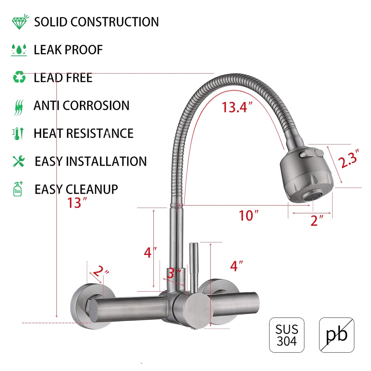 FLWUEUE Wall Mount Kitchen Sink Faucet with Sprayer 8“ Inch Center, Brushed Nickle Stainless Steel Sink Mixer Tap, Laundry Utility Faucets with Dual Functional Sprayer