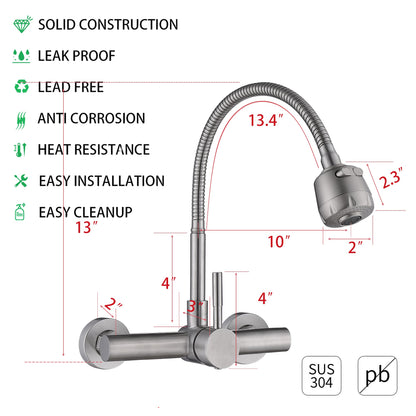 FLWUEUE Wall Mount Kitchen Sink Faucet with Sprayer 8“ Inch Center, Brushed Nickle Stainless Steel Sink Mixer Tap, Laundry Utility Faucets with Dual Functional Sprayer