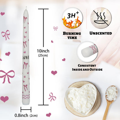 Floral Taper Candles 10 Inch Tall Unscented Handmade Bows and Hearts Print Long Burning Elegant Candlesticks for Wedding Dinner Home Decor