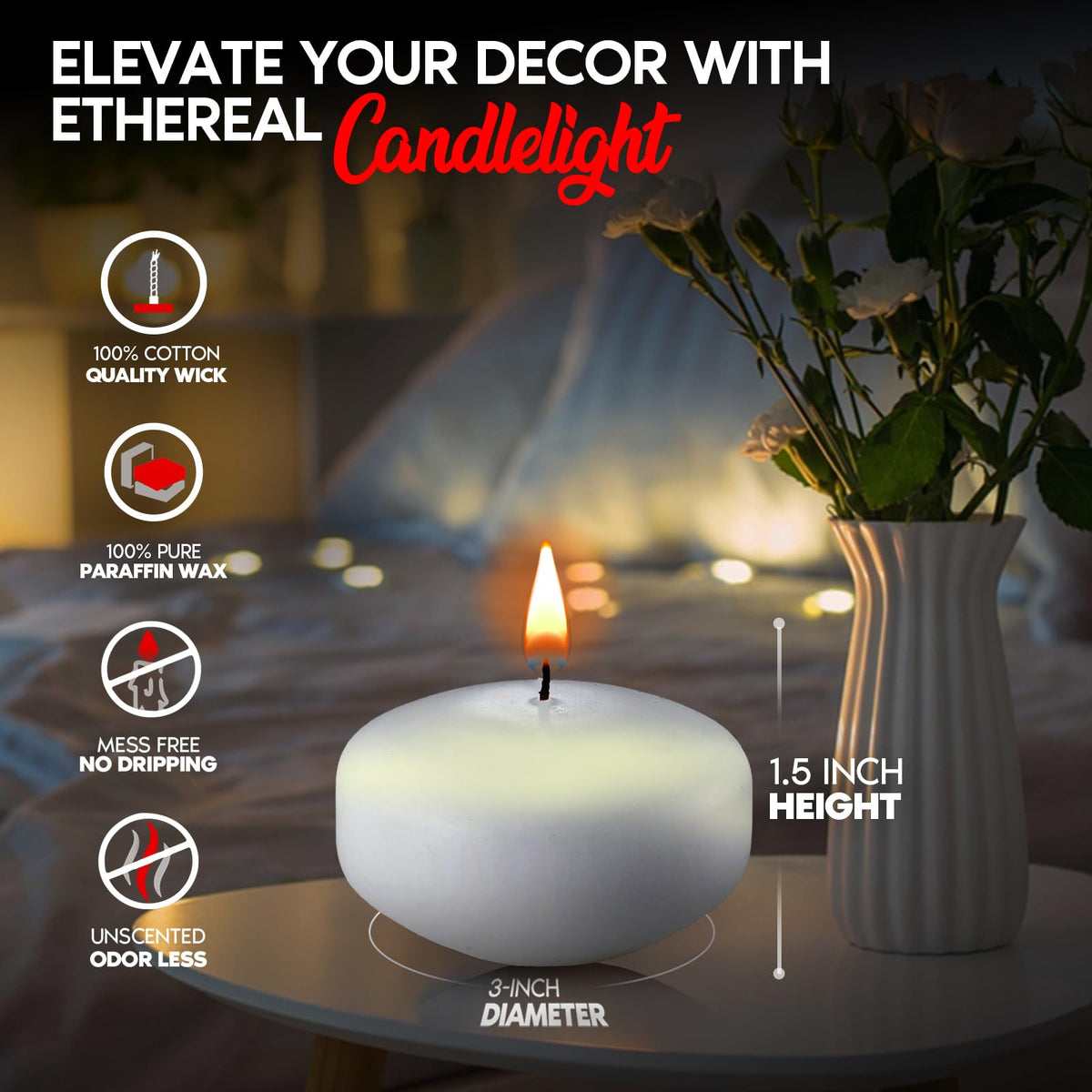 Candle Charisma White Floating Candles 3 Inch (Set of 36) – 8-Hour Dripless, Smokeless Burn with Natural Flickering Flame – Perfect for Weddings, Centerpieces, Pool Nights & Special Events