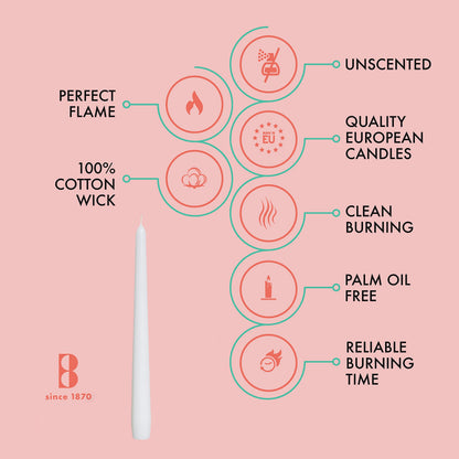 BOLSIUS White Taper Candles - 4 Pack Unscented 10 Inch Dinner Candle Set - 8 Hours Burn Time - Premium European Quality - Smokeless and Dripless Household, Wedding, Party, and Home Decor Candlesticks