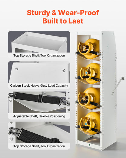 VEVOR Refrigerant Tank Rack, 14.8 x 13 x 52 inches, 4 Tiers for 4 Cylinder, with Top Storage Shelf, White Powder-Coated Carbon Steel, Cylinder Tank Rack for Cargo Van, Storing Oxygen, and Nitrogen