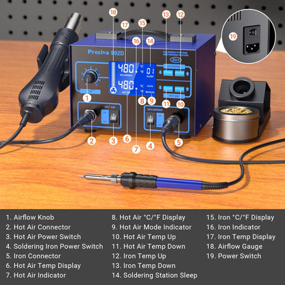 Preciva 992D 2-in-1 Soldering & Hot Air Rework Station with LCD Display – PID Temperature Control, Auto/Manual Hot Air Mode, Sleep Function for Iron, SMD Rework, Electronics Repair (750W)