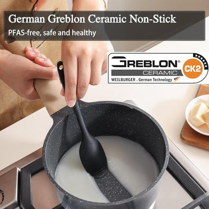 Greblon Nonstick Saucepan - 2 Quart Ceramic Cooking Pot with Lid | Non-Toxic, Induction Compatible