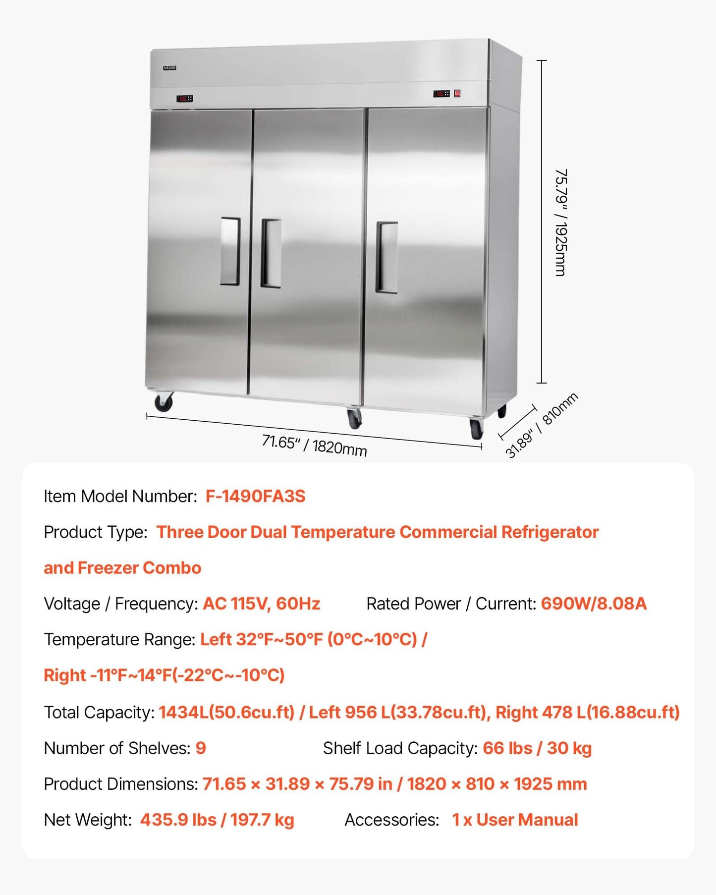 VEVOR Commercial Refrigerator and Freezer Combo 72"W, 51 Cu.Ft Stainless Steel Upright Freezer/Refrigerator with Three Doors, Auto-Defrost, 9 Adjustable Shelves, UL Certified