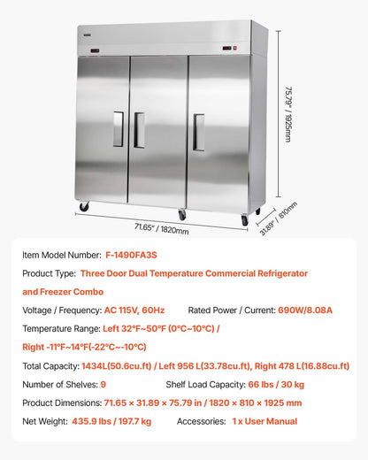 VEVOR Commercial Refrigerator and Freezer Combo 72"W, 51 Cu.Ft Stainless Steel Upright Freezer/Refrigerator with Three Doors, Auto-Defrost, 9 Adjustable Shelves, UL Certified