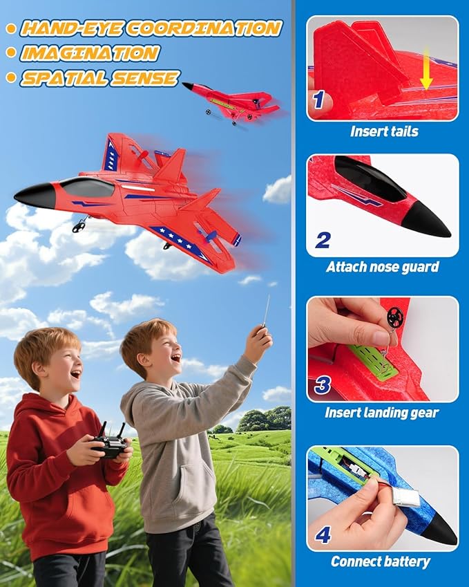 F22 RC Airplane 2.4GHz Remote Control Jet with Gyro Stabilizer LED Lights 2 Batteries Easy to Fly for Kids Boys Adults Beginners (Red)