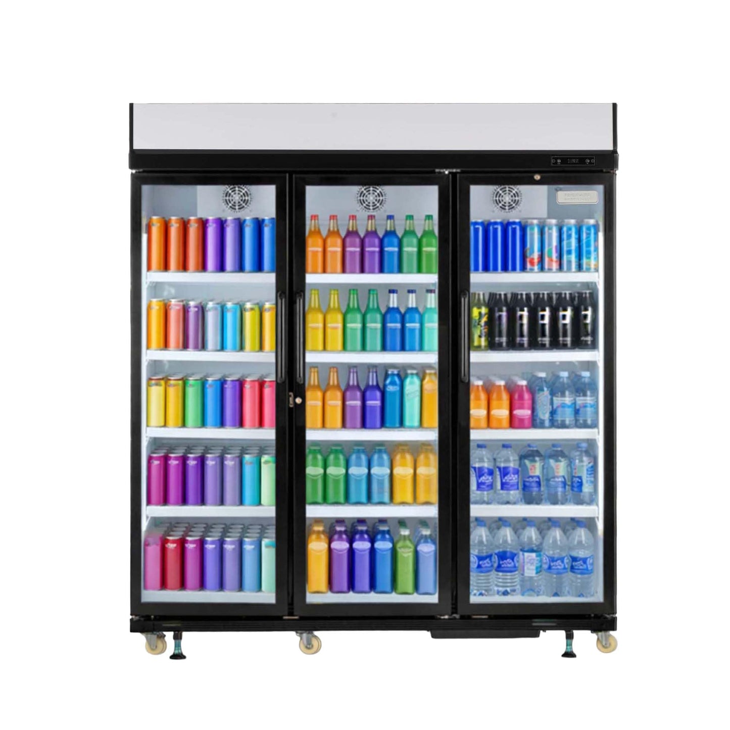 Frigidaire Commercial, 70.9" Triple Door Glass Display Refrigerator, Merchandiser Fridge, 49 Cu Ft, LED Lighting, 8 Wire Shelves, Digital Temperature Control, Self-Closing Glass Doors