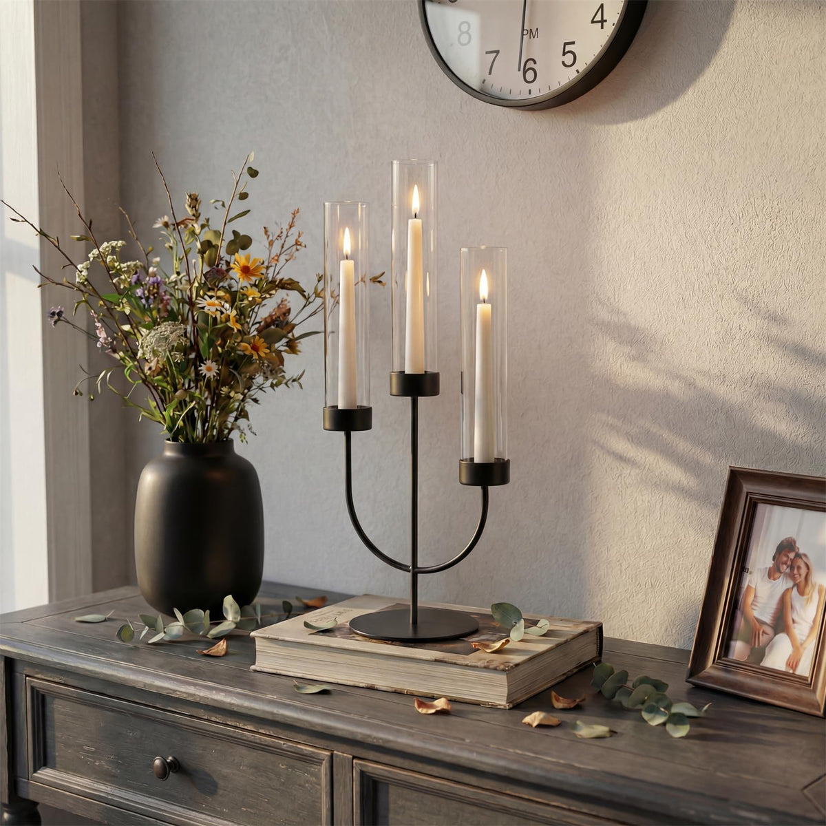 Sziqiqi Black Candelabra Candle Holder: 3 Arm Candlesticks Holder Decor with Glass Hurricane for Dining Table Centerpiece - Metal Candelabra for Halloween Outdoor Dinner Fireplace