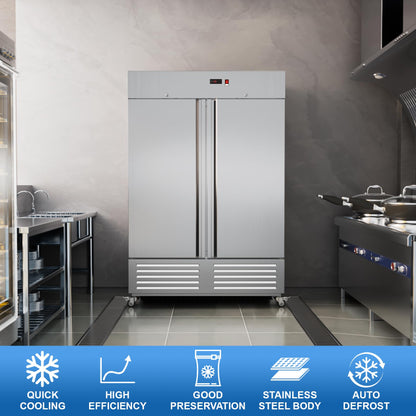 LCEKY 54" W 2 Door Commercial Freezer Stainless Steel 49 Cu.ft Freezers for Restaurant, Bar, Shop etc