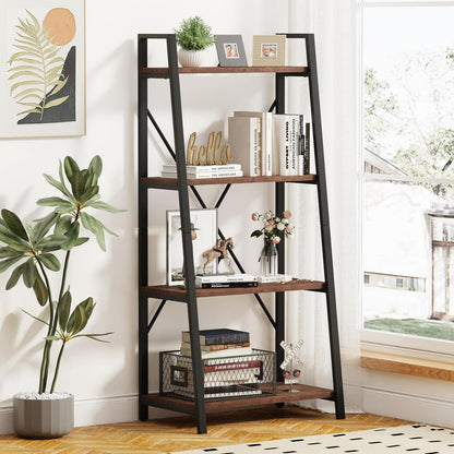 BON AUGURE Hall Tree with Shoe Storage, 5-in-1 Reversible Entryway Bench with 4 Tier Rustic Ladder Bookshelf, Standing Leaning Book Shelves for Living Room (Rustic Oak)
