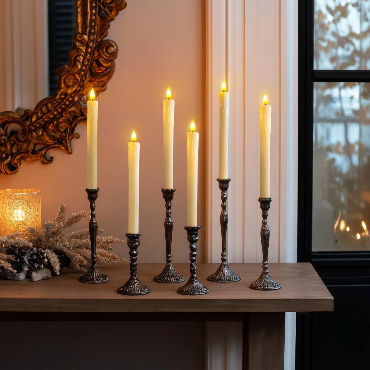 Homemory 3 Pcs Real Wax Flameless Taper Candles with Remote Timer and Dimmer, Battery Operated Candlesticks with Flickering Light, Ivory Window Candles, 9.6 Inches for Wedding Home Decor