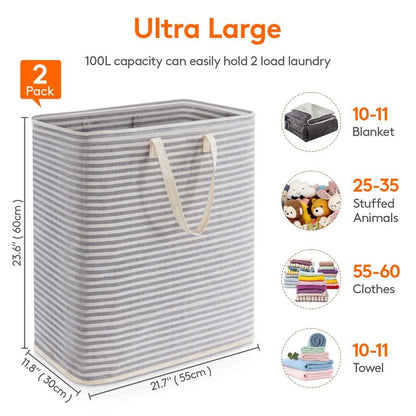 Lifewit 2 Pack Laundry Basket 100L Each, Collapsible Clothes Hamper with Reinforced Handles, Freestanding Waterproof Design for Bedroom and Laundry Room, Grey 200L Total