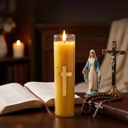 Eechen Charm 128 Hours Long Burning Beeswax Candles,Pure Beeswax Pillar Candles in Glass Jar,Unscented Natural Beeswax Prayer Candles for Religious Ceremony,Memorial,Vigil,Emergency (Yellow)