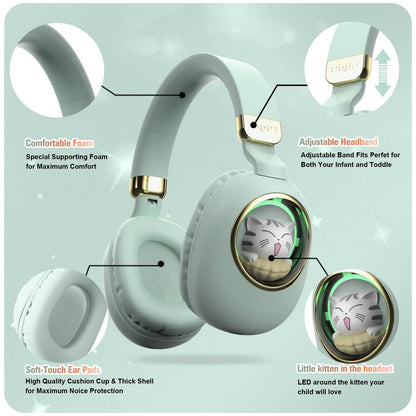 Girls Green Gaming Headset with Microphone - Wired & Wireless Noise Cancelling Over Ear Headphones for Kids & School - Bluetooth Earbuds