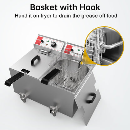 Valgus Dual Tanks Commercial Deep Fryer Electric 1700W 120V 26L Large Capacity Stainless Steel Countertop Kitchen Frying Machine with Basket & Lid, Drain System for Home Kitchen and Restaurant