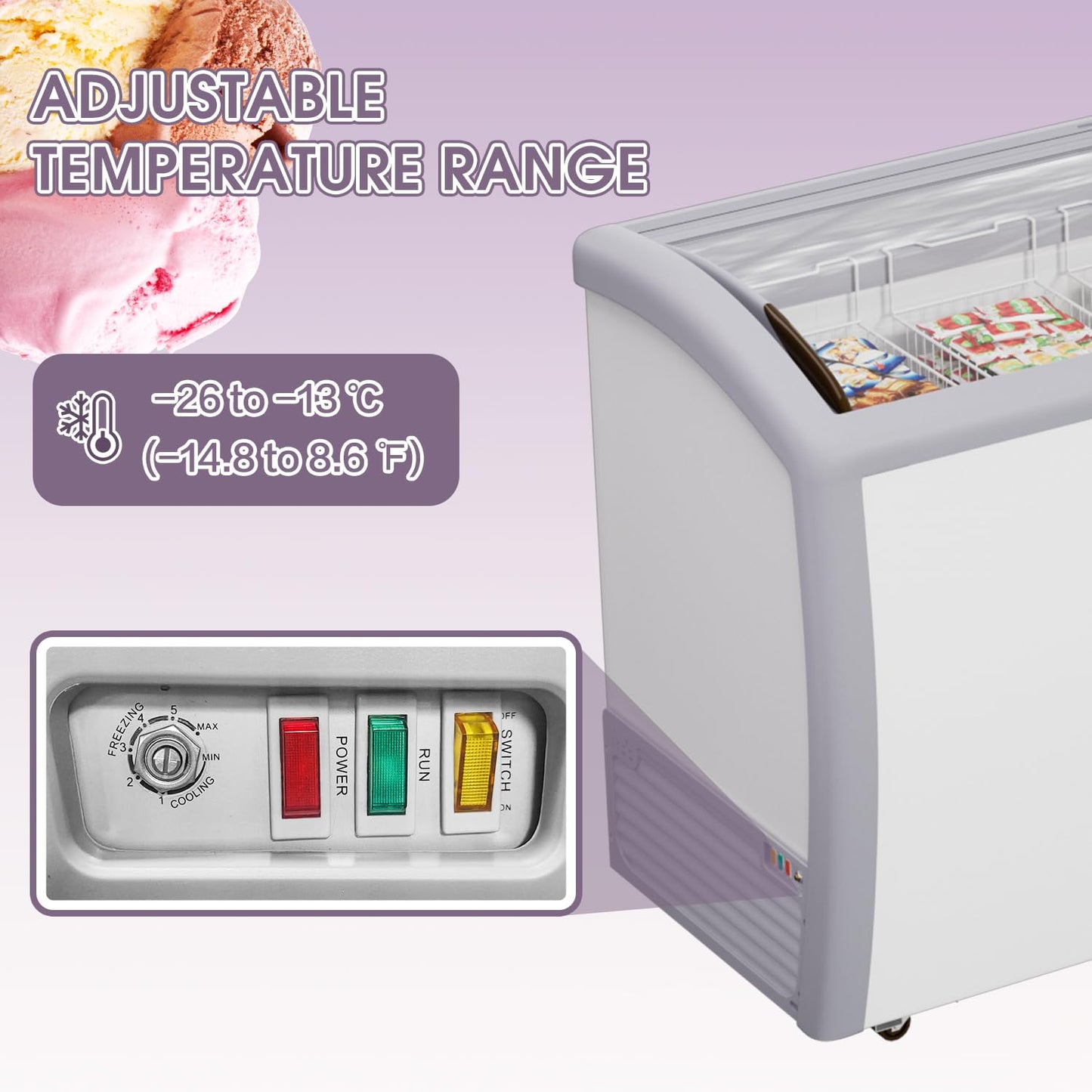 BEYOU Commercial Ice Cream Freezers with Display Glass Top，16.3 Cu.ft Chest Freezer with Wire Basket, White
