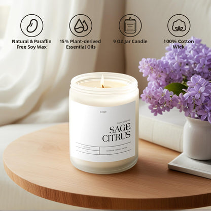 Putart Sage Citrus Candles for Home Scented, 9oz Natural Soy Aromatherapy Non Toxic Candles with Long Lasting Fragrance & Clean Burn, Luxury Jar Candle Gift for Women, Men, Home Decoration, White