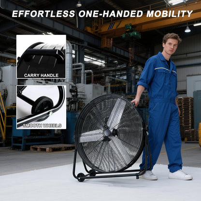 WARMLREC 24" Industrial Floor Fan, 8900 CFM High Velocity Drum Fan with 3 Speeds, Portable Heavy Duty Industrial Fan for Warehouse, Workshop, Factory, Commercial, Residential and Greenhouse Black