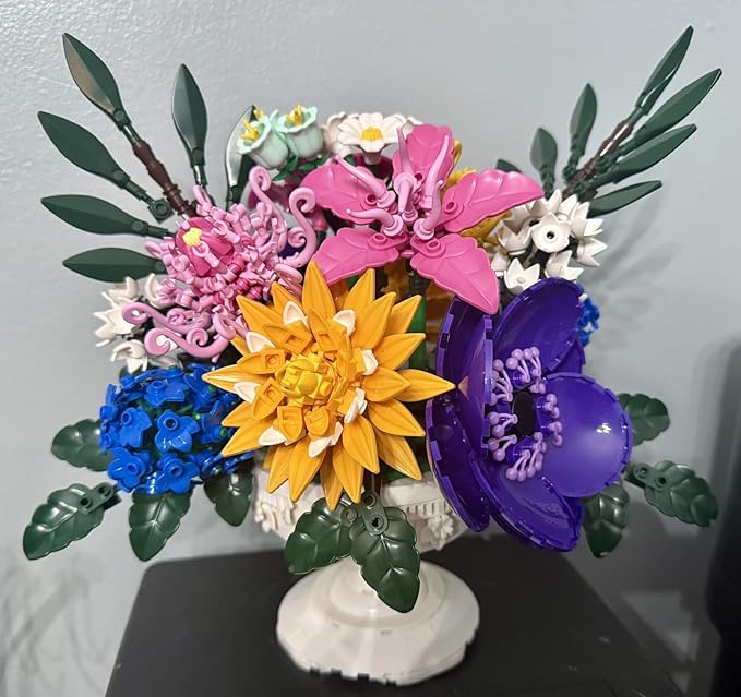 Botanicals Flower Bouquet Building Block Sets Includes Hydrangea Dahlia Azalea Artificial Flowers Arrangement With Vase Valentine's Day Gift For Her Women Girls Floral Table Centerpiece