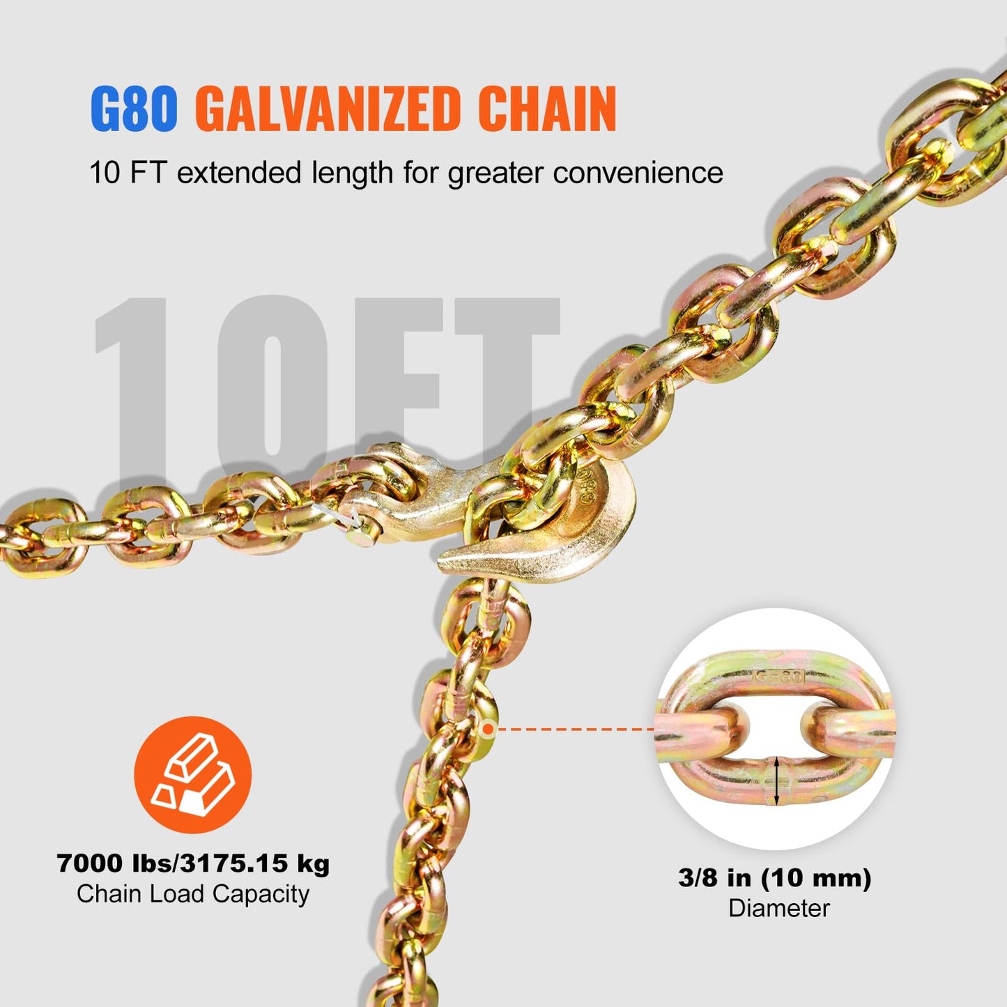 VEVOR Chain and Binder Kit, 3/8"-1/2" Ratchet Load Binders 9200 lbs Working Load Limit, 3/8" x 10' G80 Chains with Grab Hooks, Ratchet Binders and Chains for Truck, Tie Down, Hauling, Towing, 2 Set