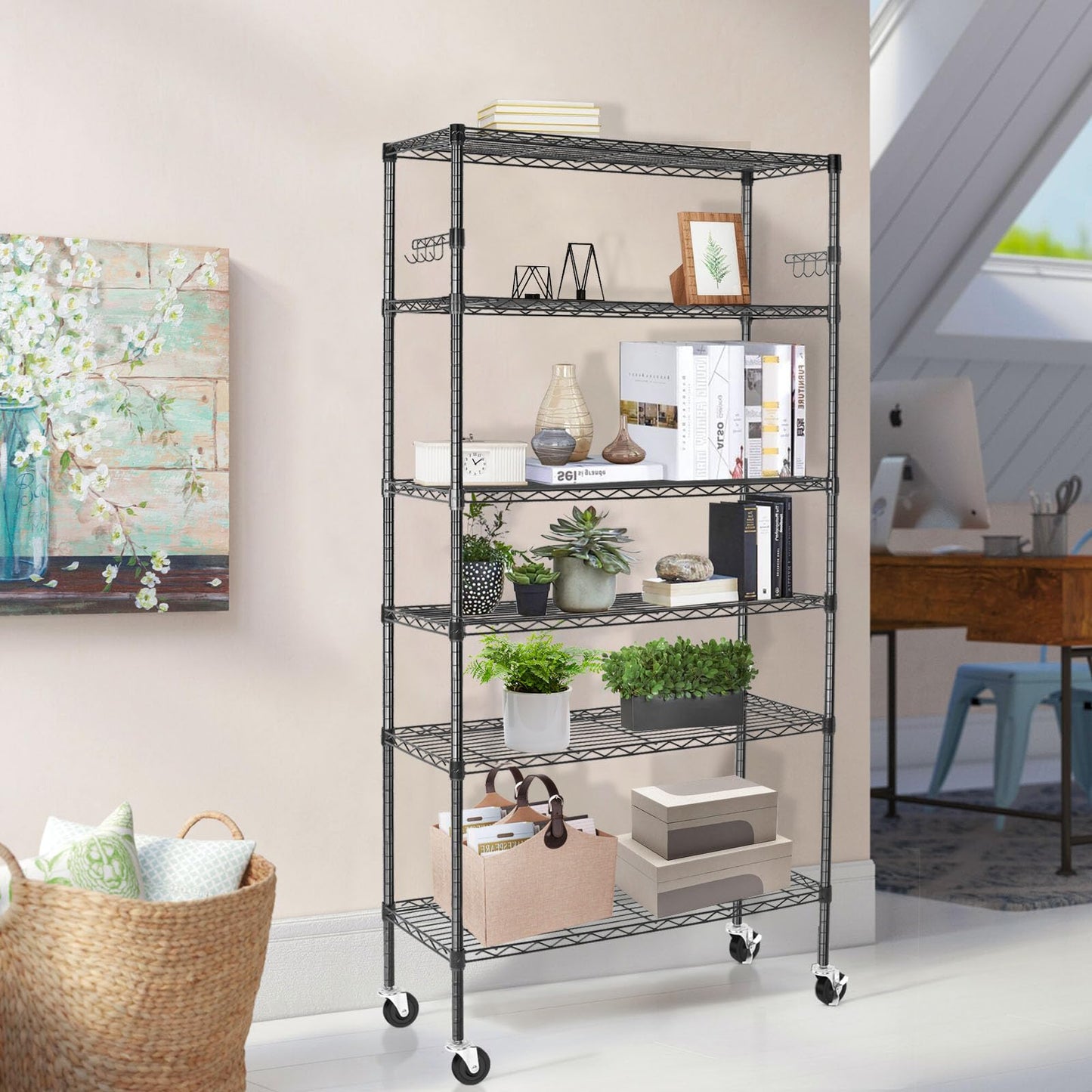 BolDuck 6 Tier Storage Shelves with Wheels, 2100lbs Capacity Heavy Duty Shelving Units, 14x36x75inch Adjustable Metal Shelf Wire Shelving Rack for Garage, Kitchen, Office, Black