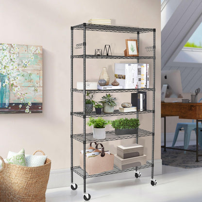 BolDuck 6 Tier Storage Shelves with Wheels, 2100lbs Capacity Heavy Duty Shelving Units, 14x36x75inch Adjustable Metal Shelf Wire Shelving Rack for Garage, Kitchen, Office, Black
