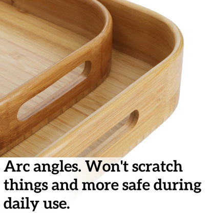 Dicunoy Set of 2 Bamboo Serving Tray, Solid Wood Breakfast Tray with Handles and Arc Angles, Large Size for Food, Dinner, Tea, Coffee, Bar, Parties, 15.6" L x 10.8" W /12.6" L x 8.5" W