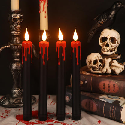 Eldnacele LED Flameless Taper Candles Battery Operated with Remote and Timer 3D Wick Flickering Blood Dripping Halloween Dinner Spooky Horror Home Decoration Set of 4 Black Candles, 0.78" x 8.9"