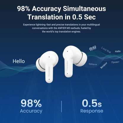 Anfier M3 AI Translator Earbuds Real Time, Online Translation Device in 144 Languages & Accents, 3-in-1 Two-Way Audifonos Traductores Inglés Español, Language Headphones for iOS & Android (White)
