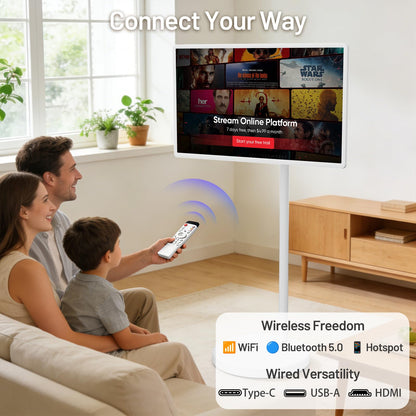 KEFEYA 32-Inch Portable Smart TV, Rolling TV on Wheels, Android 15 OS, 8G RAM + 128G Storage, 1080P Full HD Touch Screen Monitor, 6–8 Hour Built‑in Battery, Full Swivel Rotation, Voice Remote Control