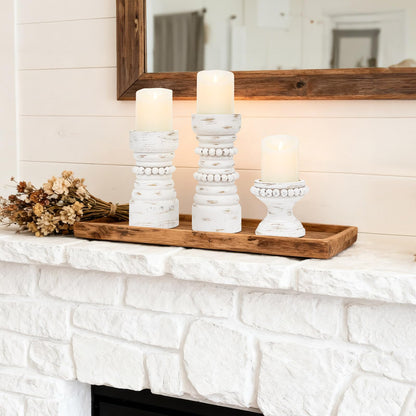 MODE HOME Rustic White Wood Candle Holders Set of 3, Farmhouse Beaded Wood Pillar Candle Holder, Candle Holders for Pillar Candles & Candlesticks, Candle Sticks Holder Decor for Table Centerpiece
